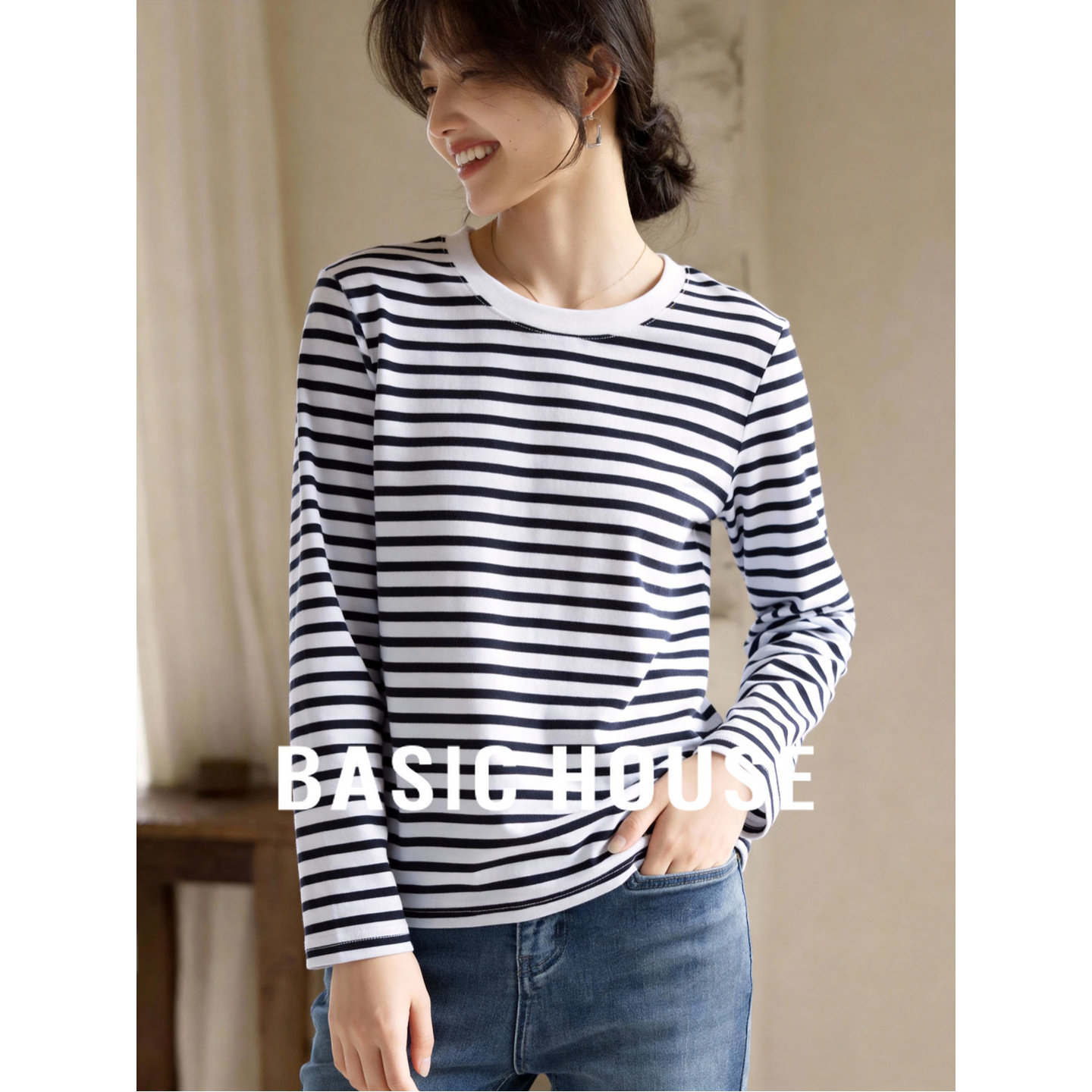 Basic House/百家好纯棉条纹T恤长袖春新款撞色圆领打底上衣女装