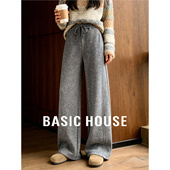 百家好灰色加绒加厚阔腿抽绳运动卫裤 子 保暖休闲直筒裤 女冬季 新款