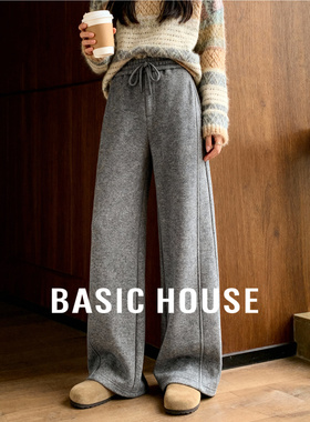 百家好灰色加绒加厚阔腿抽绳运动卫裤女冬季新款保暖休闲直筒裤子
