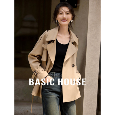 Basic House/百家好通勤卡其色短款风衣女春季系带收腰显瘦外套