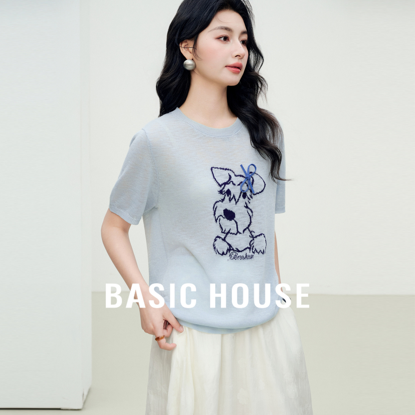 Basic House/百家好小狗提花针织短袖女夏季趣味减龄圆领显瘦上衣