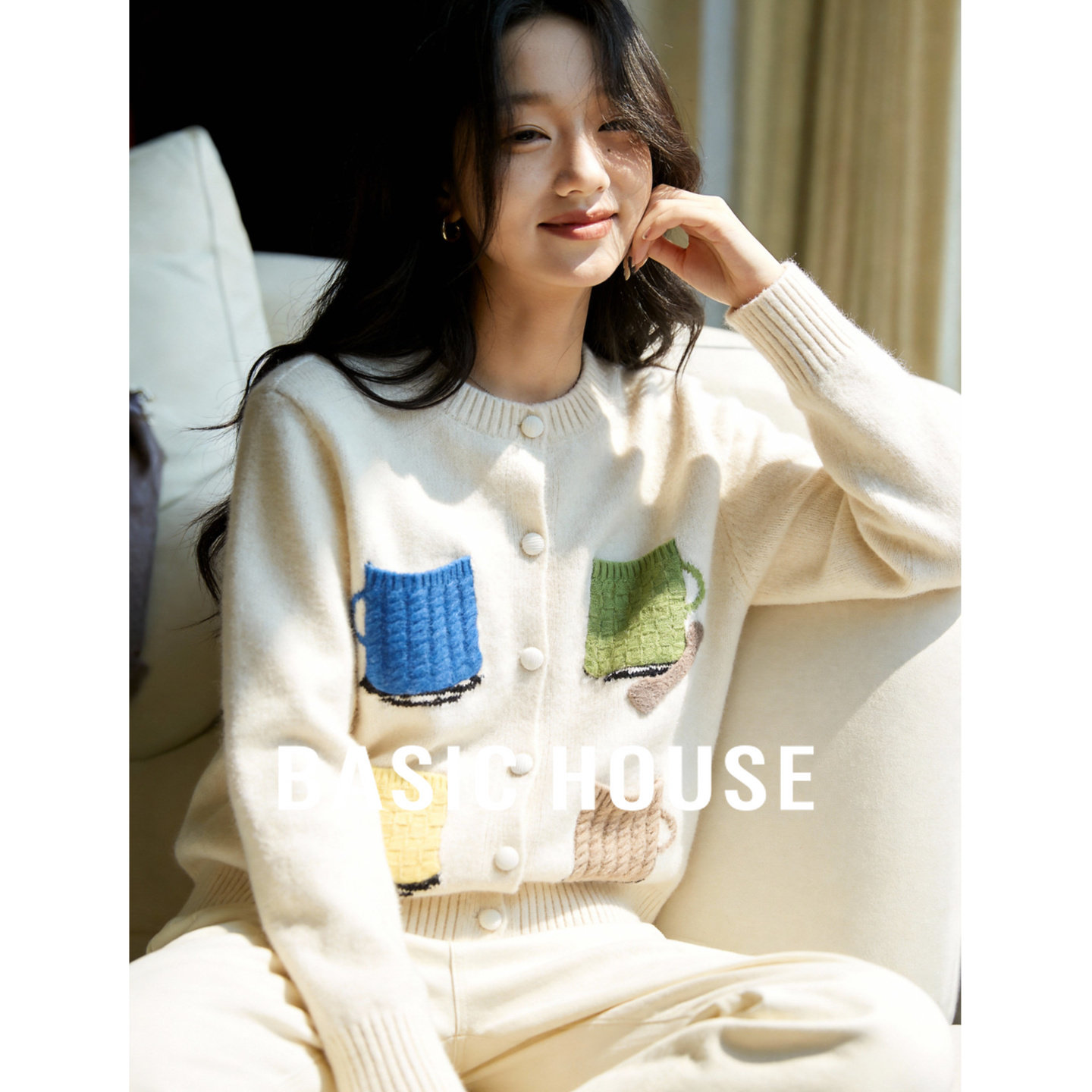 Basic House/百家好刺绣白色毛衣女春季新款宽松针织开衫外套上衣
