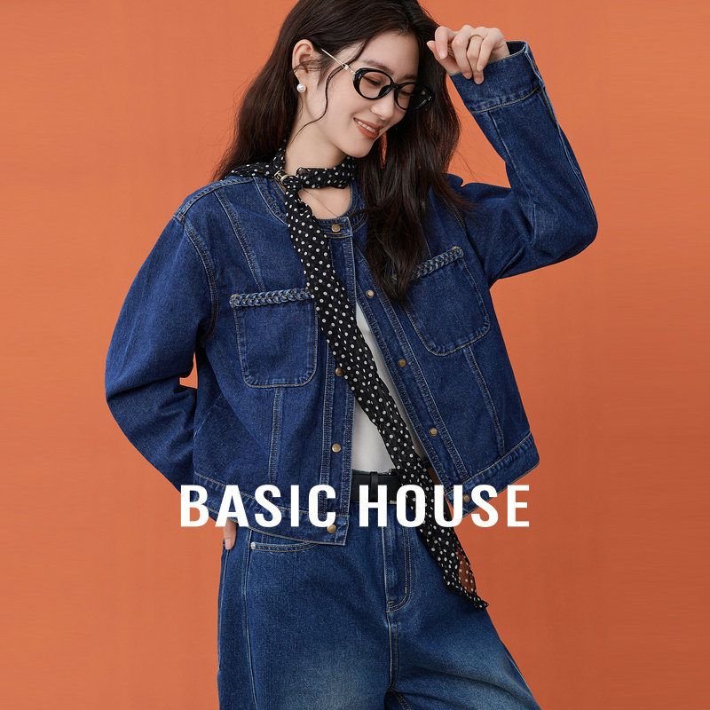 Basic House/百家好简约双口袋链条撞色设计秋冬新款休闲牛仔外套,女装/女士精品,短外套,淘宝优惠券,粉丝福利购,淘宝优惠卷