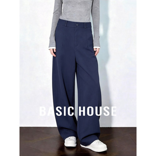 Basic House/百家好极简高腰阔腿裤女夏季新款纯色显瘦九分休闲裤