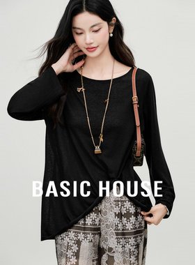 Basic House/百家好莱赛尔蕾丝拼接T恤女夏季镂空黑色设计感上衣