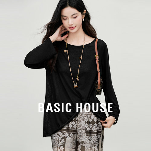 Basic House/百家好莱赛尔蕾丝拼接T恤女夏季镂空黑色设计感上衣