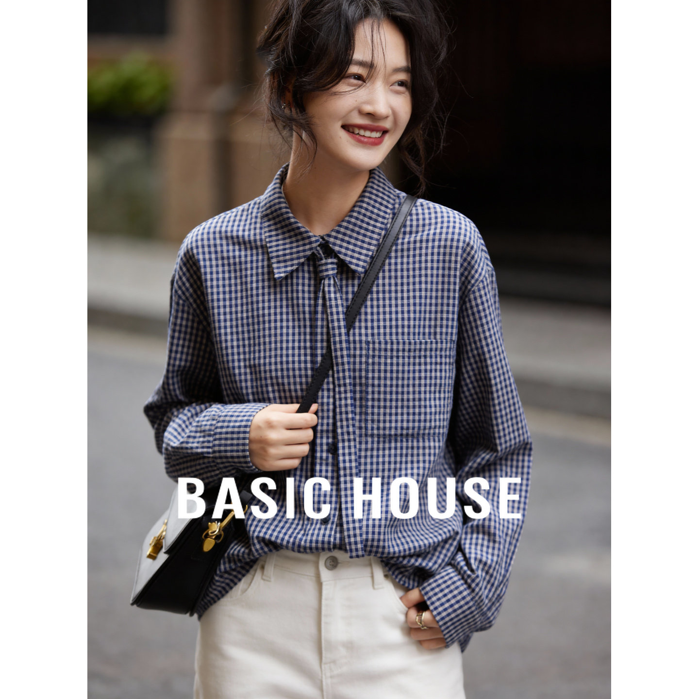 百家好藏青格polo领长袖衬衫女春季2026新款宽松气质通勤百搭上衣