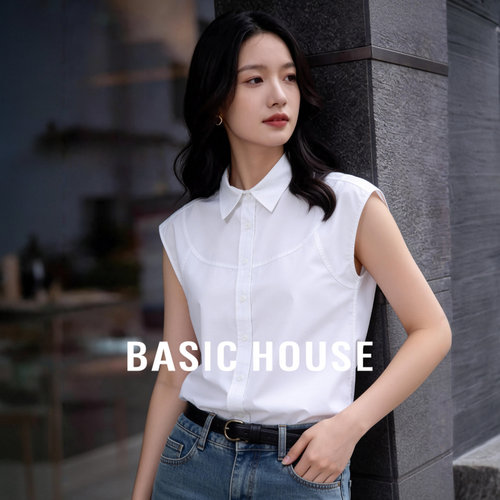 Basic House/百家好白色无袖衬衫女夏宽松翻领设计感坎肩休闲上衣