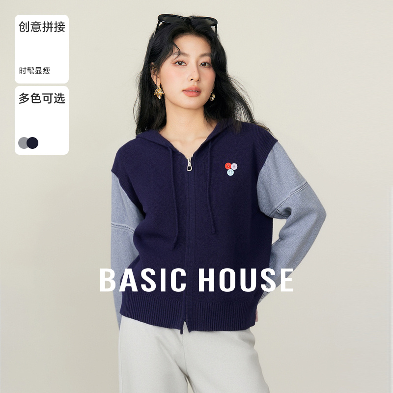 Basic House/百家好拼接牛仔针织开衫外套女春季新款带帽短款毛衫