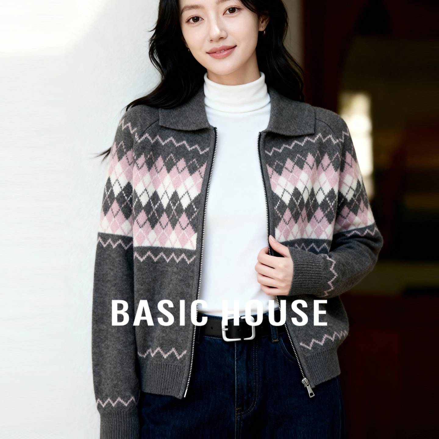 Basic House/百家好费尔岛针织翻领开衫女冬季复古风宽松毛衣外套