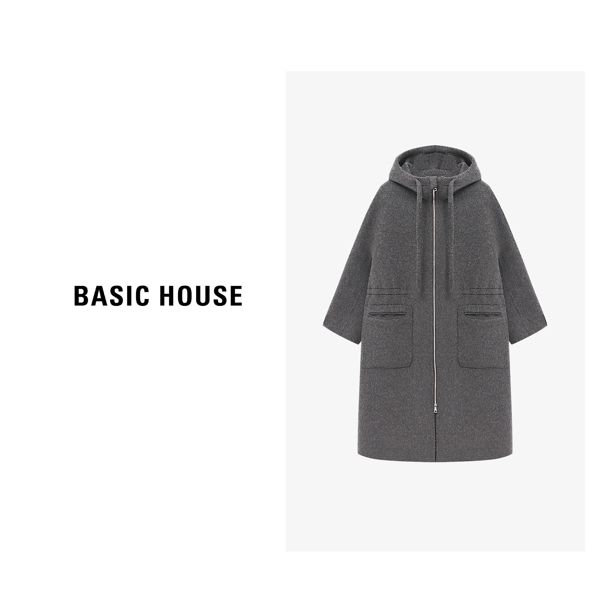 Basic House/百家好连帽抽绳直筒双面呢外套女冬季通勤风长款大衣