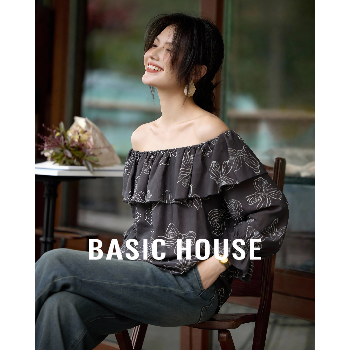 百家好一字肩荷叶领长袖衬衫女士春季2026新款小衫高级感气质上衣