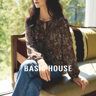 House 优雅灯笼袖 百家好咖色碎花蕾丝系带衬衫 新款 衬衣 春季 Basic