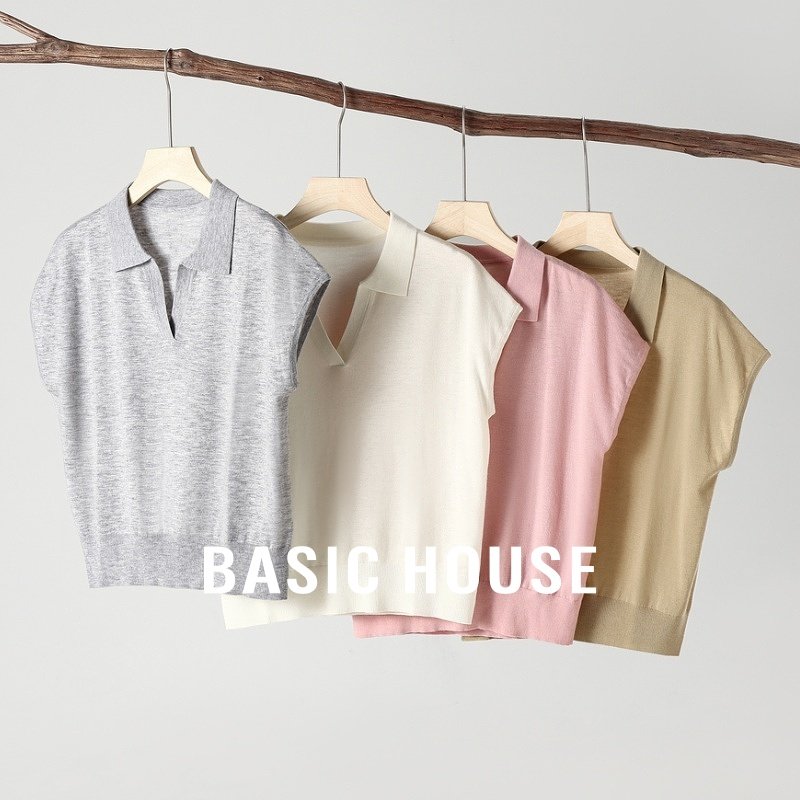 Basic House/百家好灰色正肩POLO衫小飞袖翻领短袖T恤上衣夏季女