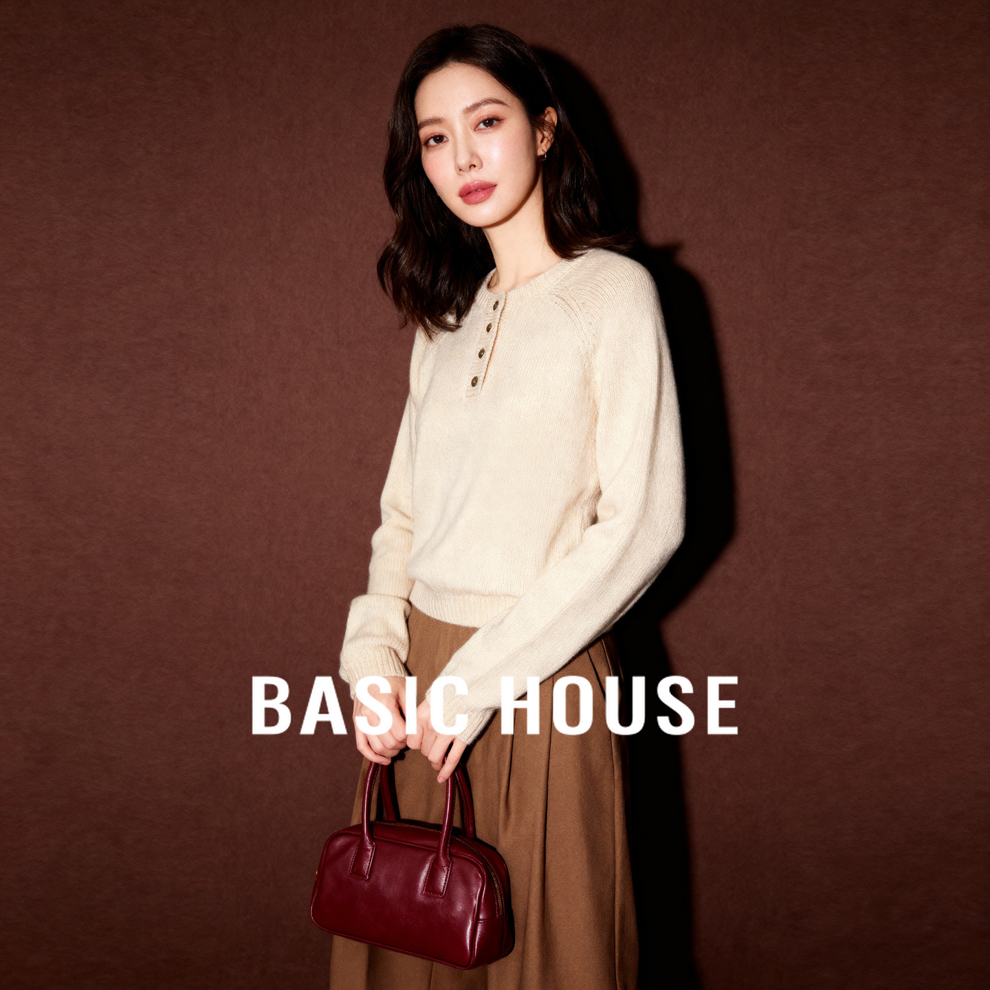 Basic House/百家好纯色圆领毛衣女秋韩版宽松半开领针织衫内搭