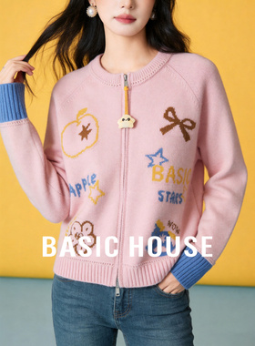 Basic House/百家好卡通刺绣双拉链开衫2026新款袖口拼接宽松上衣