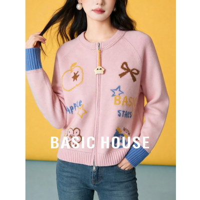 Basic House/百家好卡通刺绣双拉链开衫2026新款袖口拼接宽松上衣