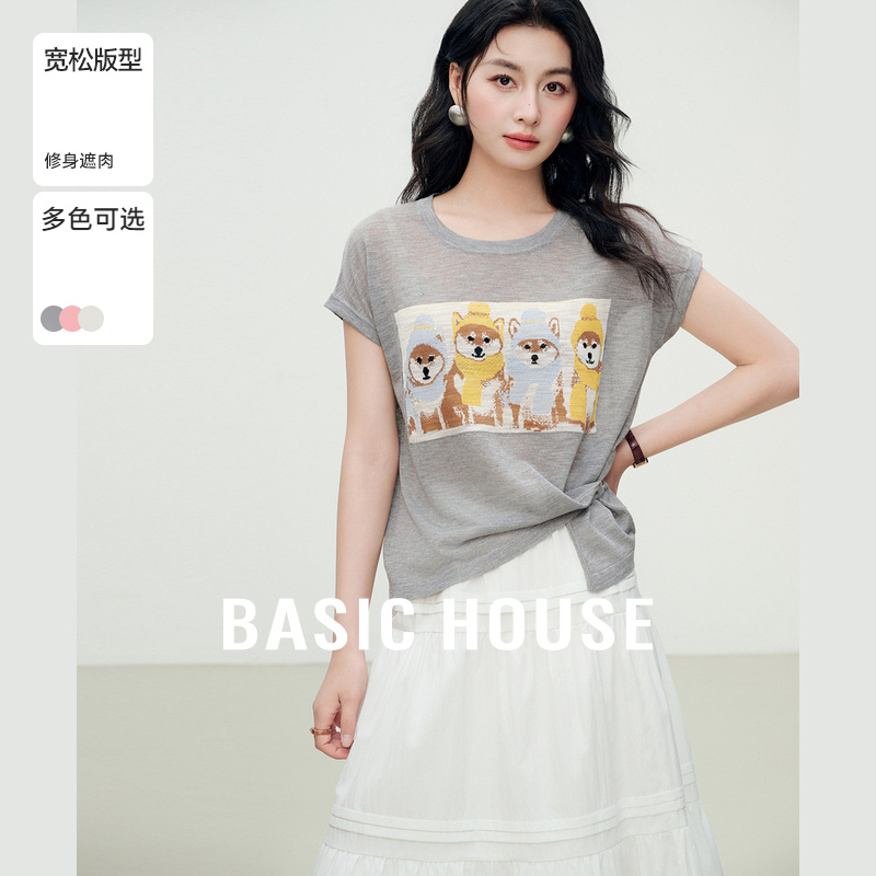 Basic House/百家好夏季新款小狗印花设计感宽松显瘦短袖针织衫女