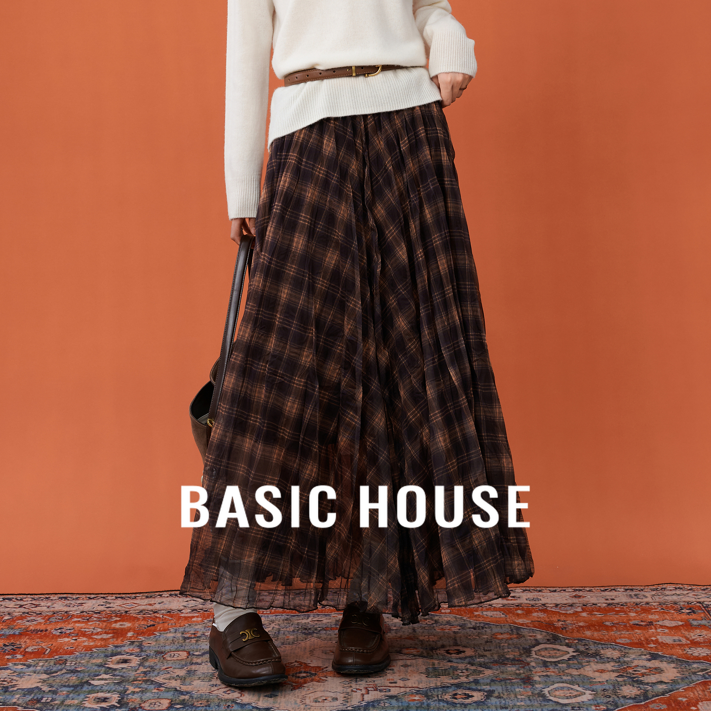 Basic House/百家好复古格纹百褶裙女秋冬新款中长高腰显瘦半身裙