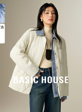 Basic House/百家好菱格羽绒服女2025冬季牛仔拼接假两件宽松外套