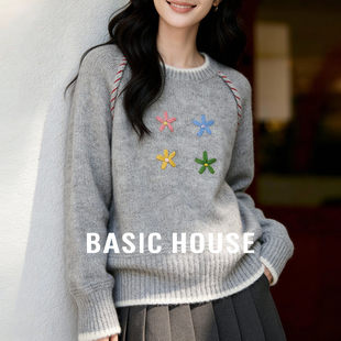 Basic House/百家好花朵刺绣针织毛衣女冬新款韩系插肩袖内搭上衣
