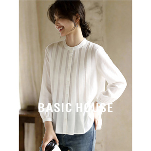 女士宽松显瘦灯笼袖 新款 防晒透气上衣 春季 百家好立领压褶天丝衬衫