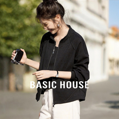 Basic House/百家好慵懒风通勤拉链卫衣女黑色亮钻宽松短款外套