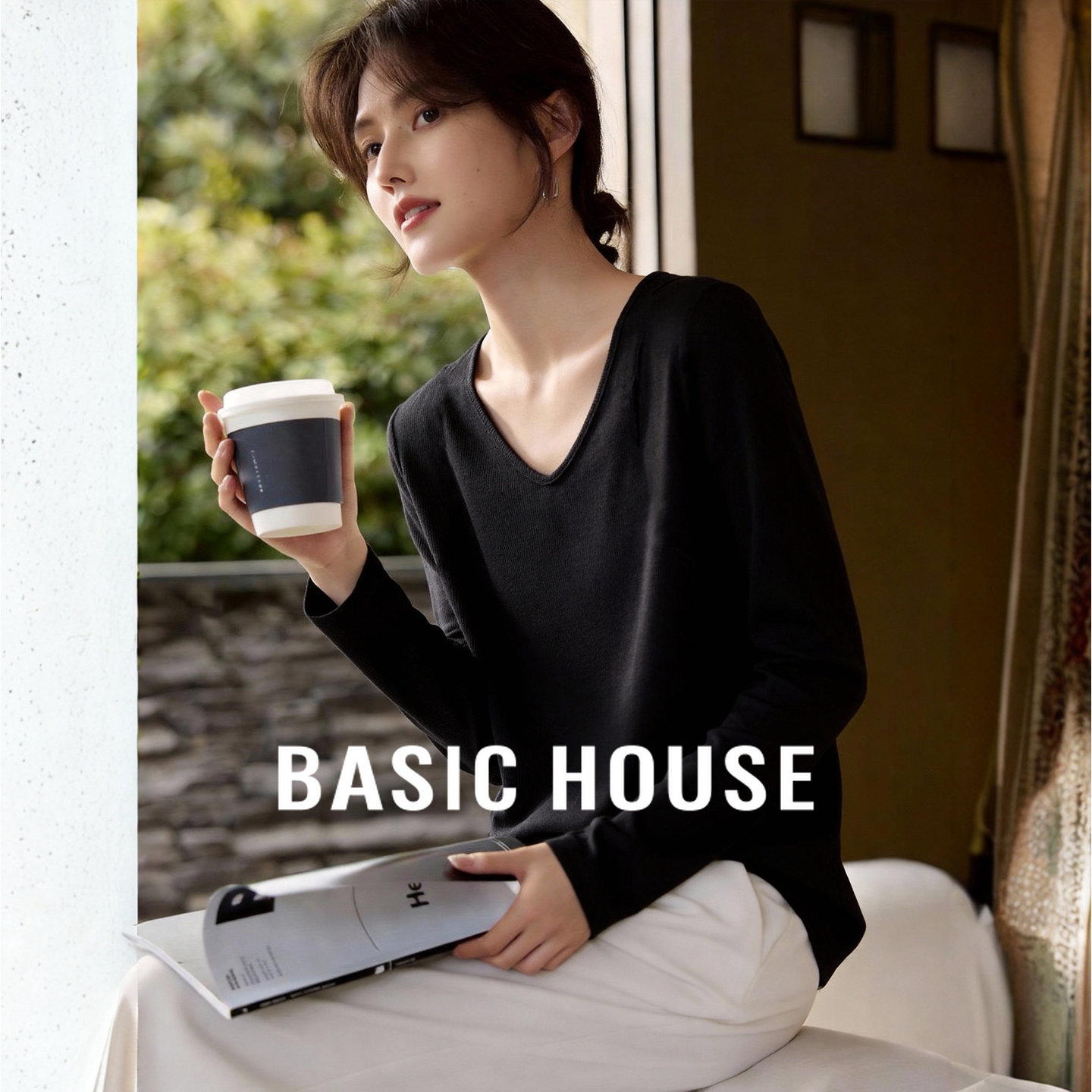 Basic House/百家好V领T恤打底衫女春夏纯色修身显瘦内搭长袖上衣