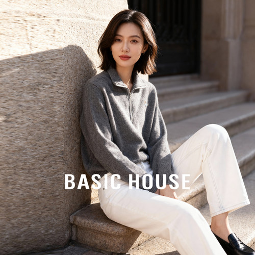 Basic House/百家好半拉链立领套头毛衣女秋冬新款腊肠狗刺绣上衣