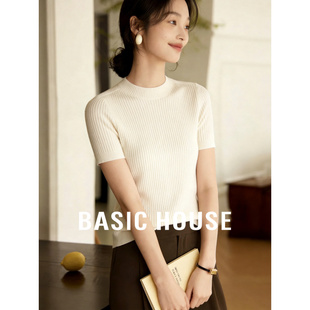 Basic House/百家好白色竖坑条半高领针织衫2026春季修身短袖上衣