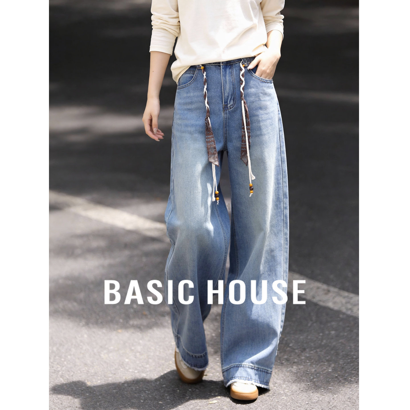 Basic House/百家好复古抽绳阔腿牛仔裤女春高腰宽松垂感休闲长裤,女装/女士精品,牛仔裤,淘宝优惠券,粉丝福利购,淘宝优惠卷