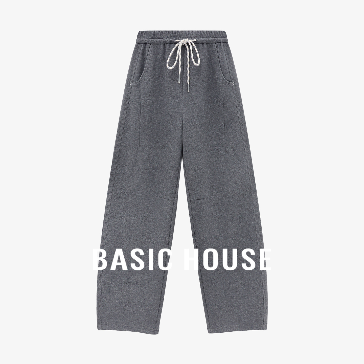 Basic House/百家好灰色休闲卫裤2025秋季抽绳收腰显瘦设计阔腿裤