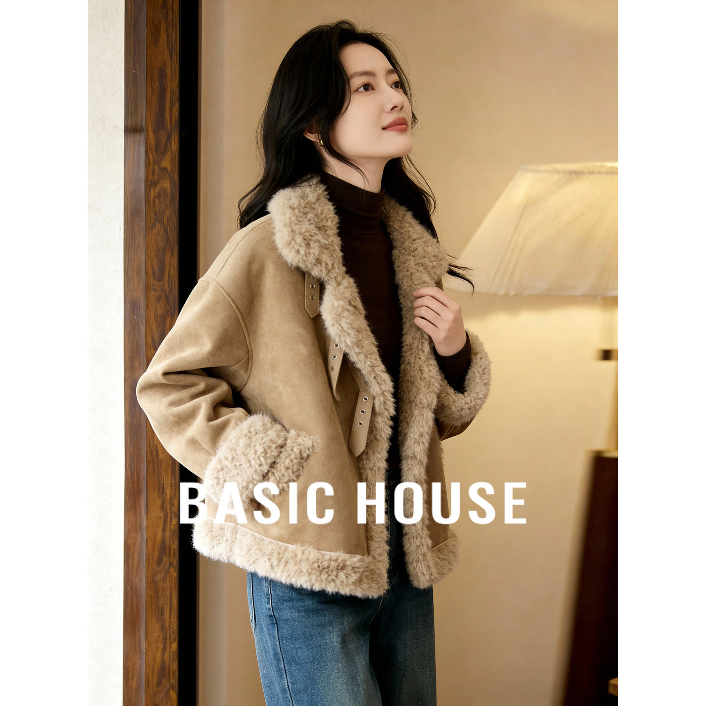 百家好翻领皮毛一体外套女2025冬季新款宽松加绒加厚麂皮保暖上衣