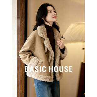 百家好翻领皮毛一体外套女2025冬季新款宽松加绒加厚麂皮保暖上衣