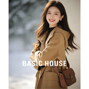 百家好驼色连帽双面羊毛呢大衣女冬季新款长款气质小个子呢子外套