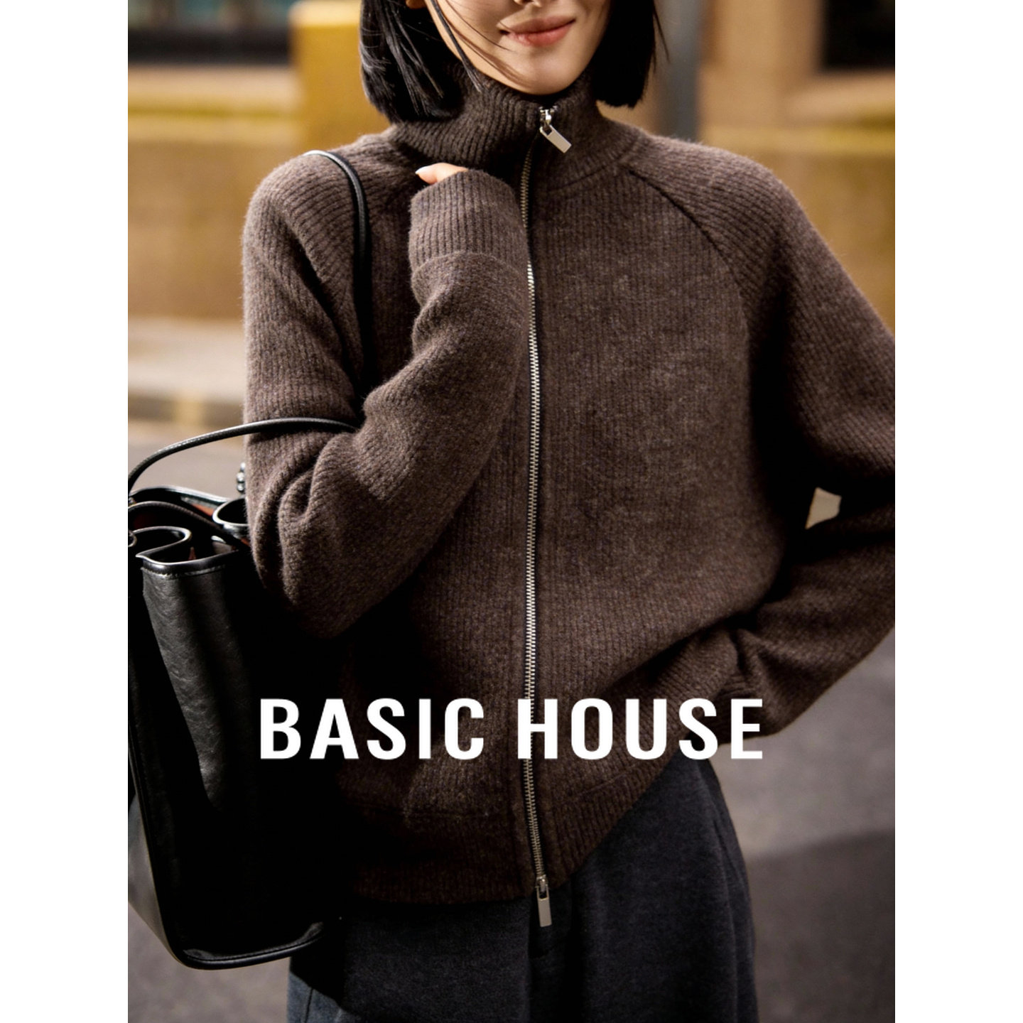 百家好拉链开衫高领罗纹毛衣女冬季新款宽松保暖短款外套冬装上衣