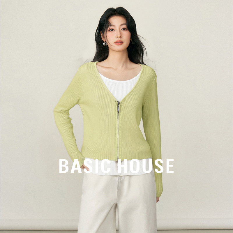 Basic House/百家好假两件撞色拼接套头针织衫女2025秋装短款上衣