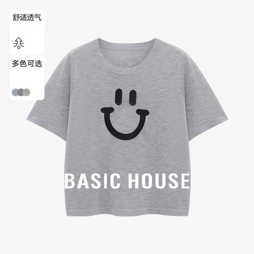 Basic House/百家好简约笑脸设计夏季新款宽松显瘦套头短袖针织衫
