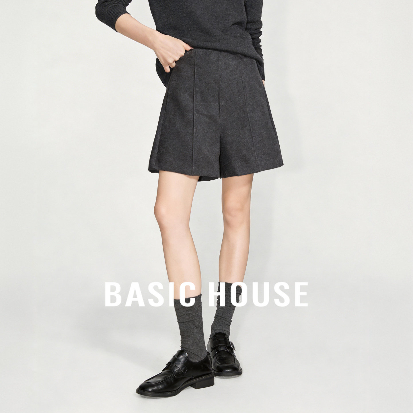 Basic House/百家好高腰西装短裤女装2026春高级感阔腿休闲裤显瘦