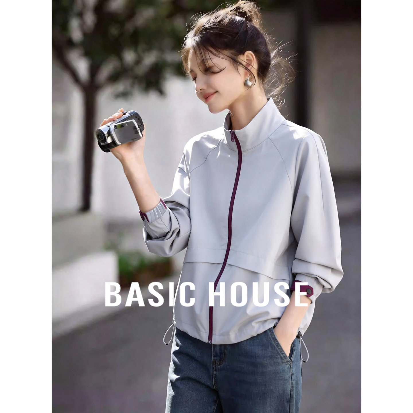 Basic House/百家好撞色拉链短款外套女春季立领宽松显瘦夹克上衣