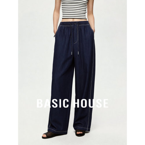 Basic House/百家好抽绳直筒阔腿裤女2026夏季新款宽松休闲长裤子