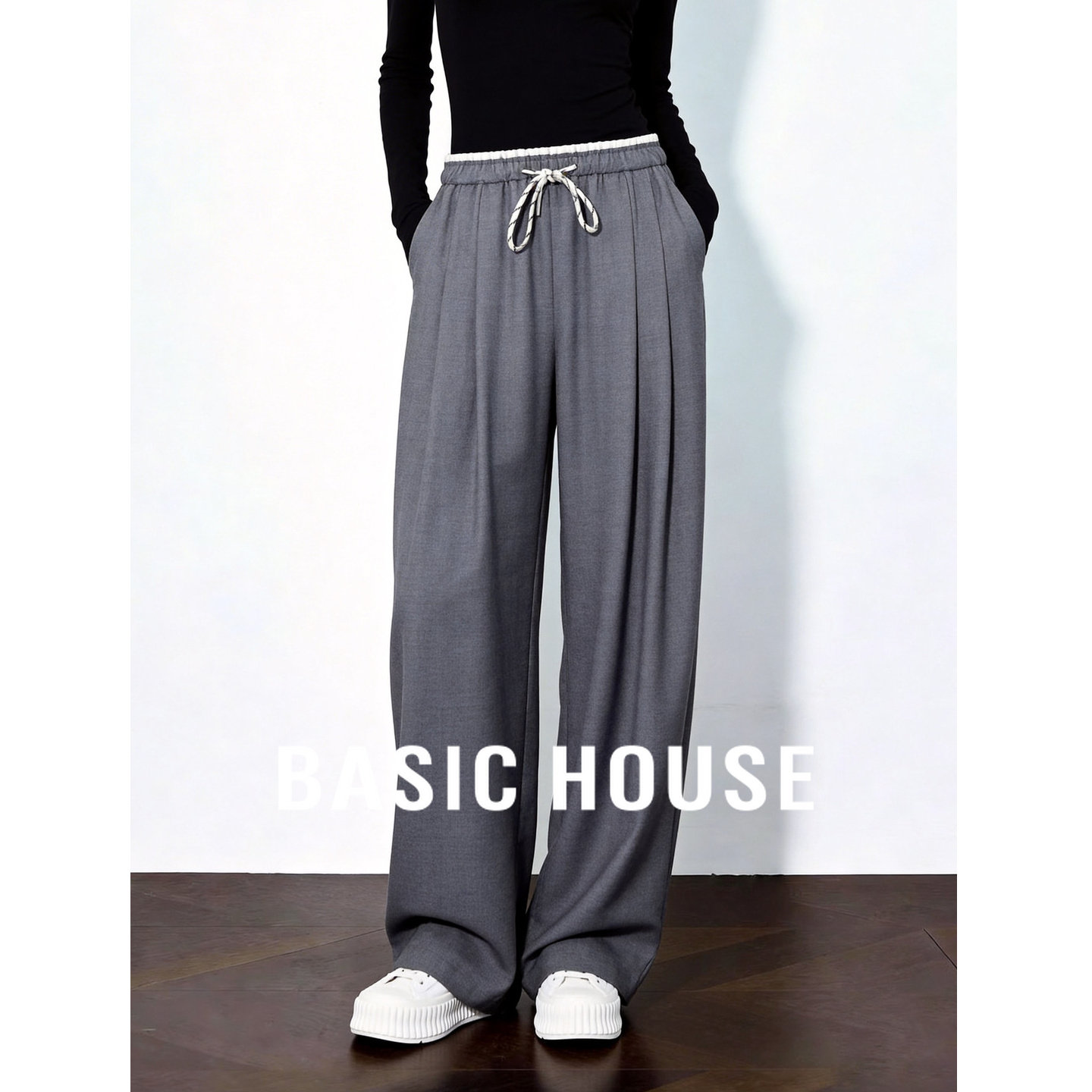 Basic House/百家好休闲百搭宽松显瘦春夏新款抽绳收腰直筒长裤女