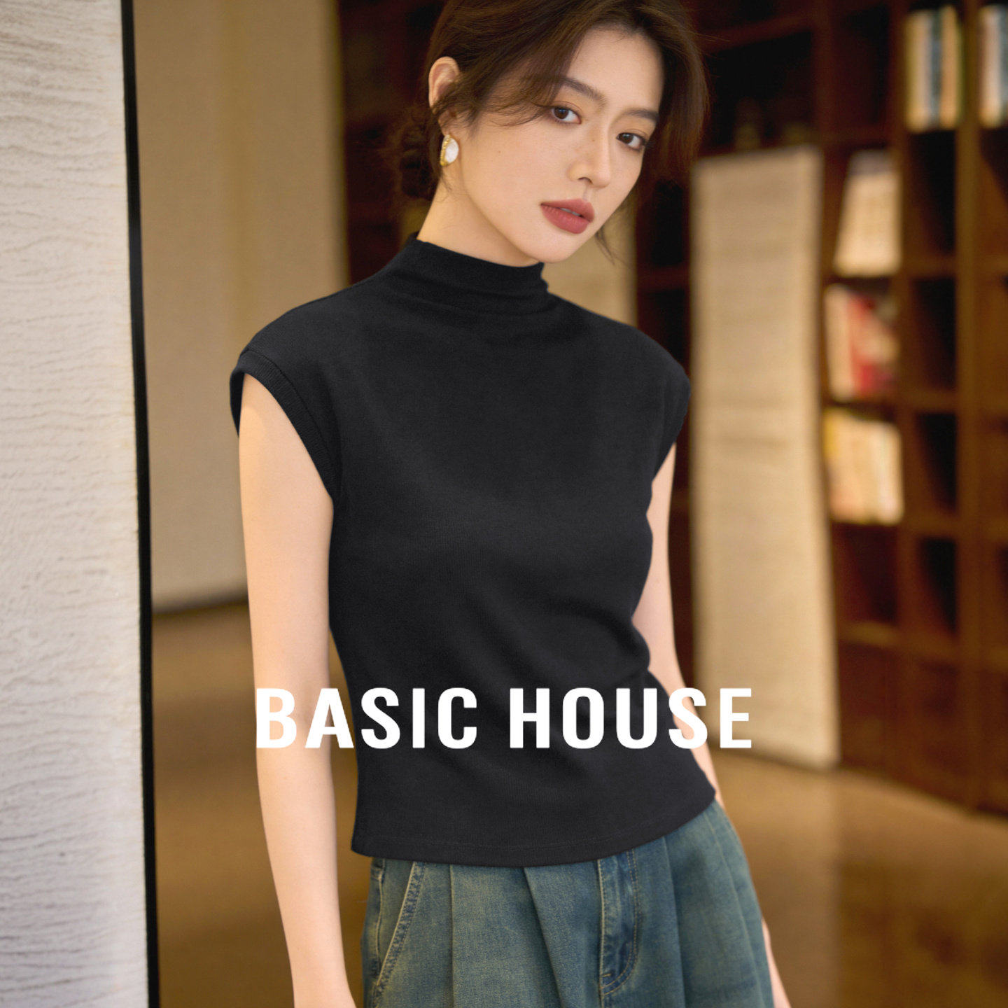 百家好雾霾蓝半高领无袖针织衫春季新款宽松显瘦叠穿百搭马甲背心