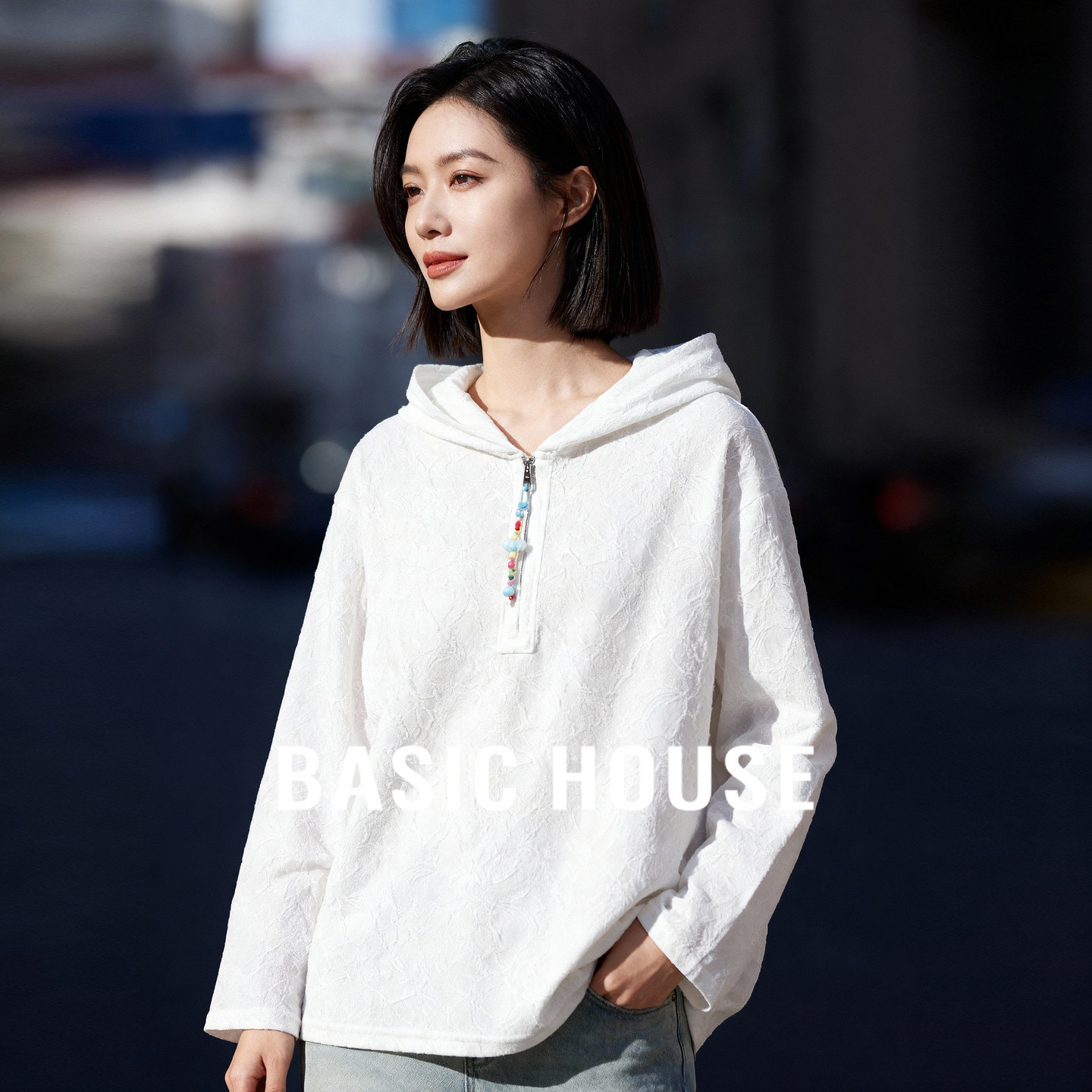 Basic House/百家好温柔风连帽上衣2026春新款半拉链套头T恤女