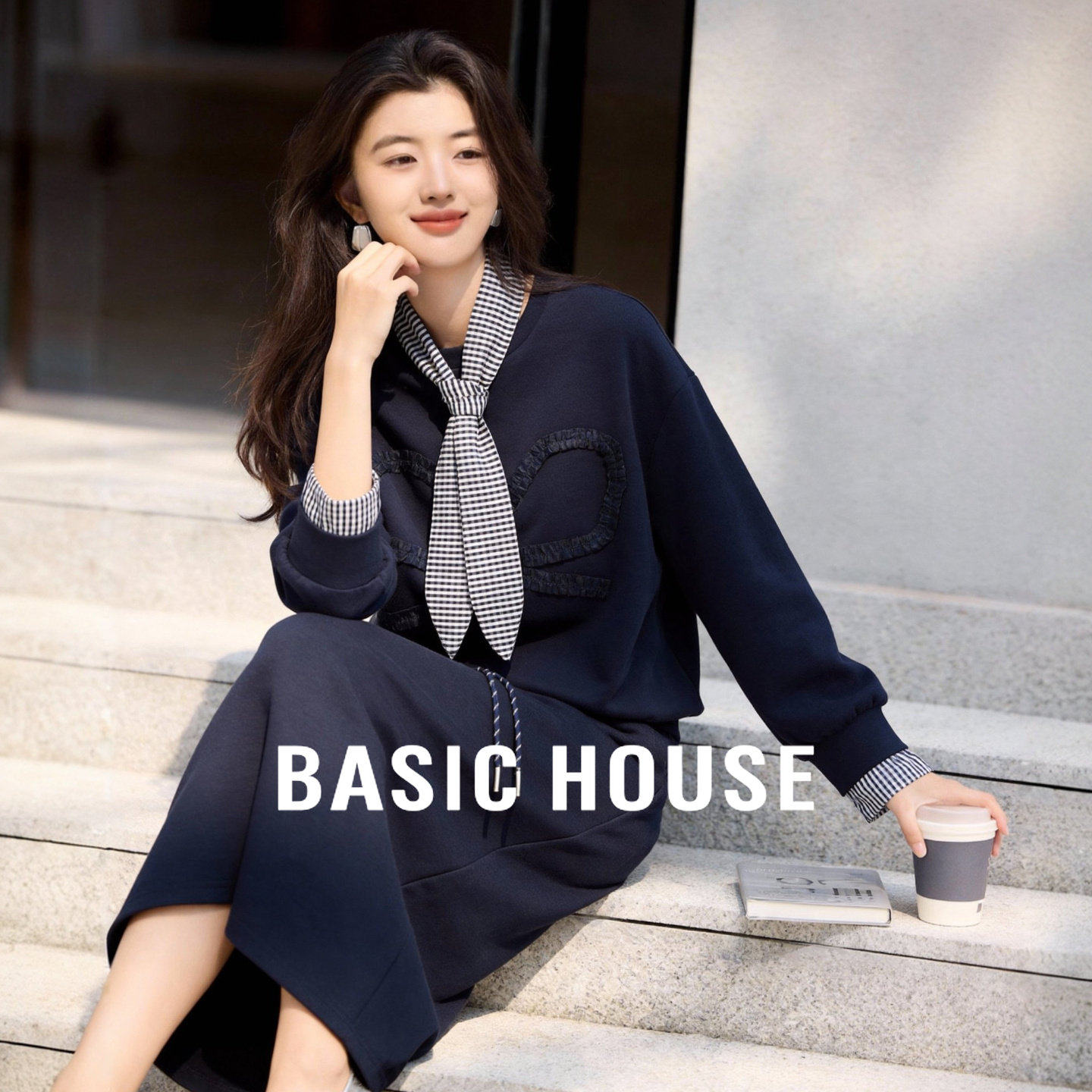 百家好韩系蝴蝶结卫衣抽绳半身裙套装春季新款格纹拼接休闲两件套