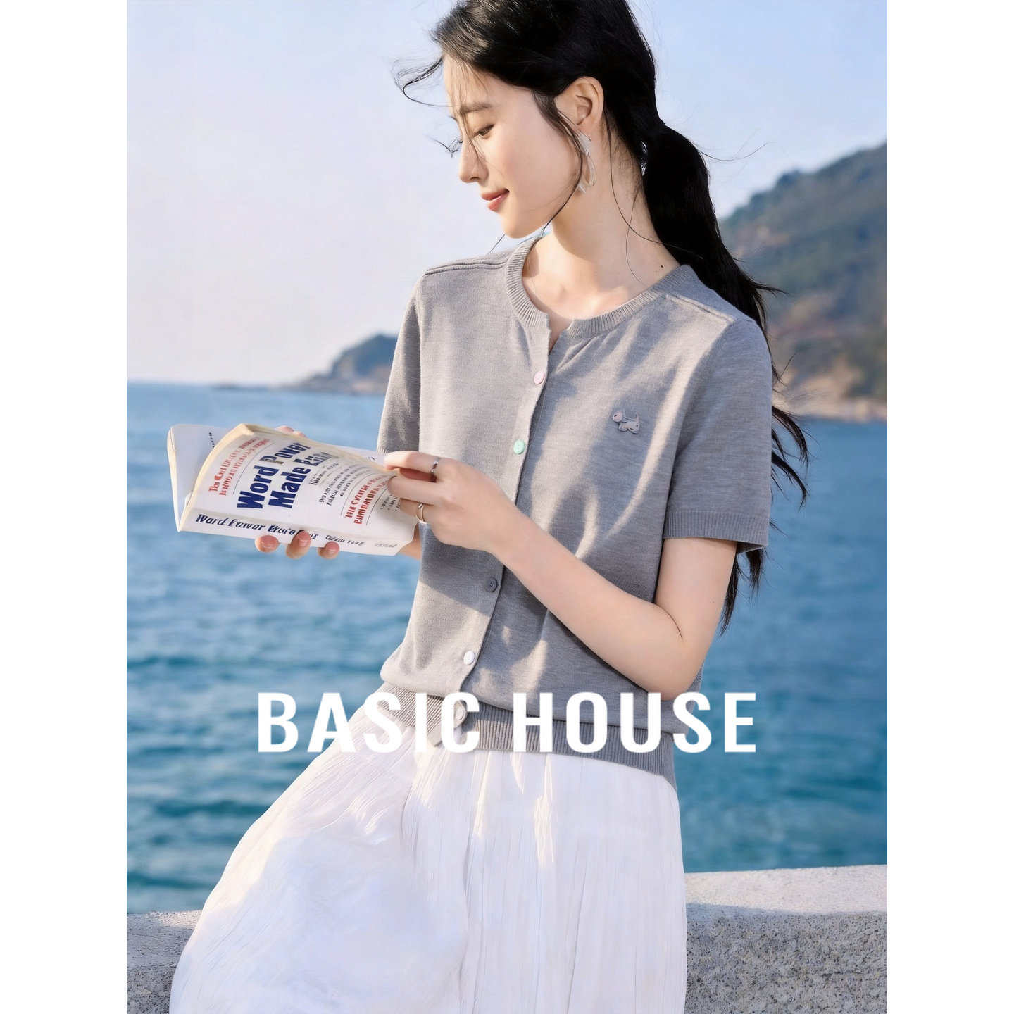 Basic House/百家好通勤风圆领短袖针织开衫女夏灰色显瘦休闲上衣