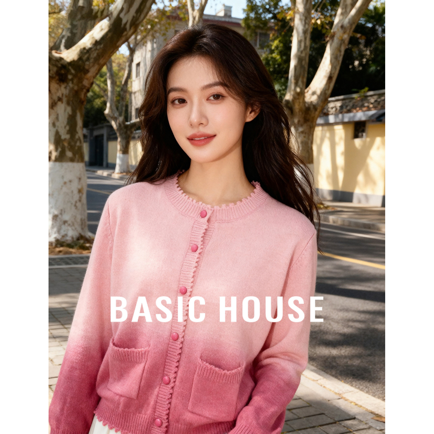 Basic House/百家好韩版渐变撞色毛衣25秋季慵懒风圆领开衫外套女