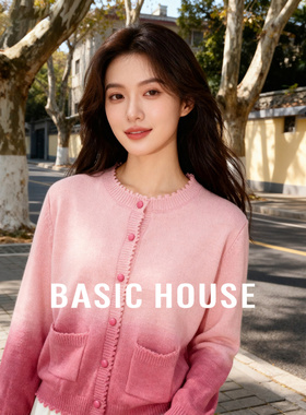 Basic House/百家好韩版渐变撞色毛衣25秋冬慵懒风圆领开衫外套女