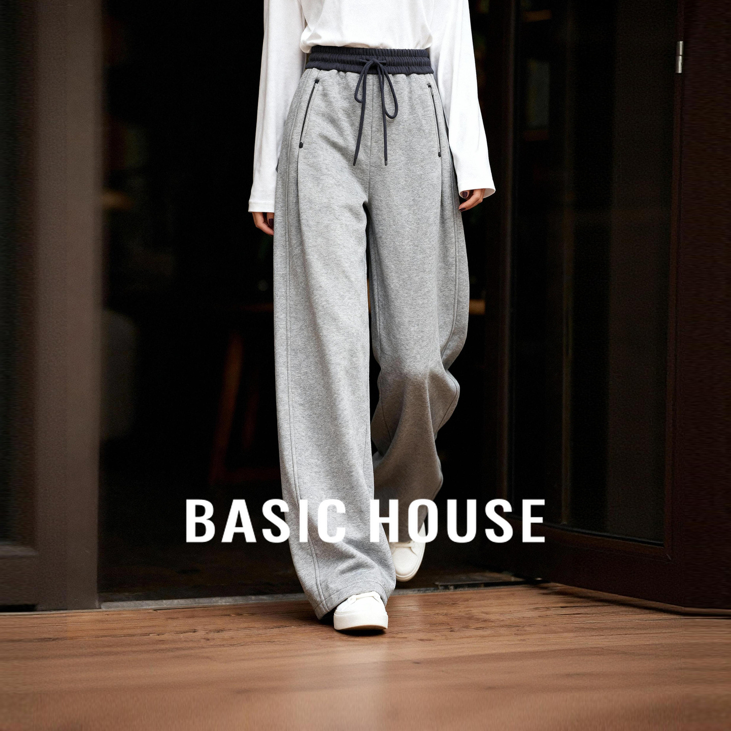 Basic House/百家好加绒加厚休闲阔腿裤2025冬季新款宽松保暖长裤