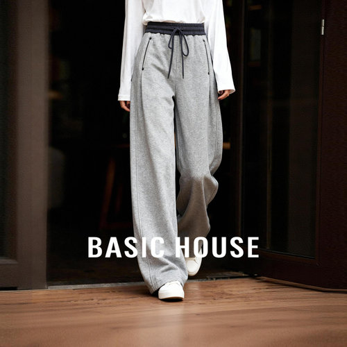 Basic House/百家好加绒加厚休闲宽松卫裤冬季新款宽松保暖长裤子